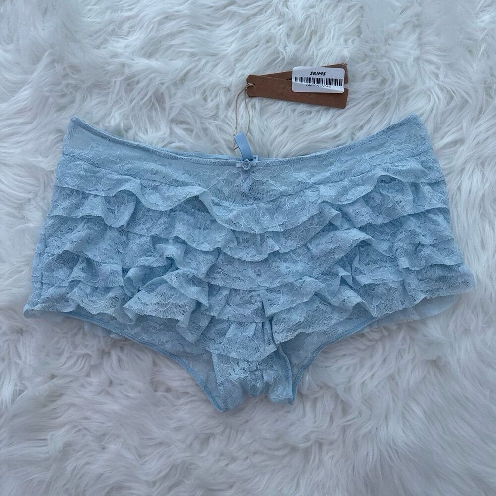 Skims Stretch Lace Ruffle Short Powder Blue Size Medium